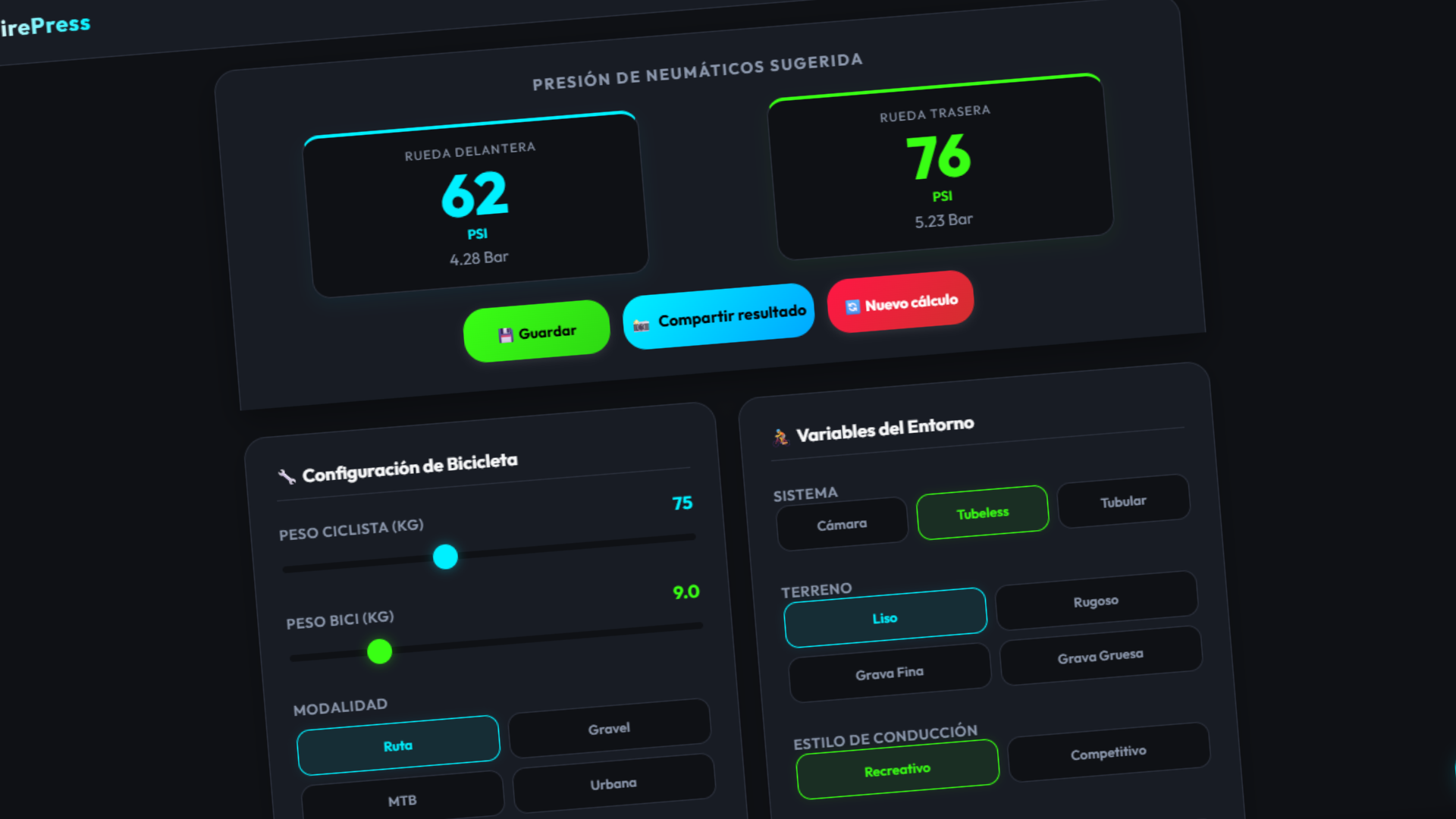 TirePress en acción — calculadora de presión de neumáticos